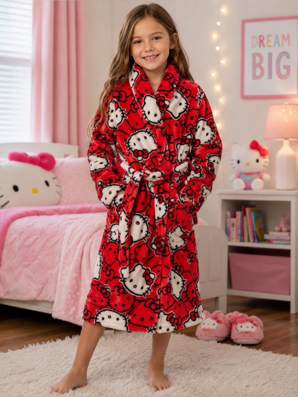 Hello Kitty 🎀 Plush Fleece Robe Girls Size 8 Pink Red Character Lounge Bathrobe
